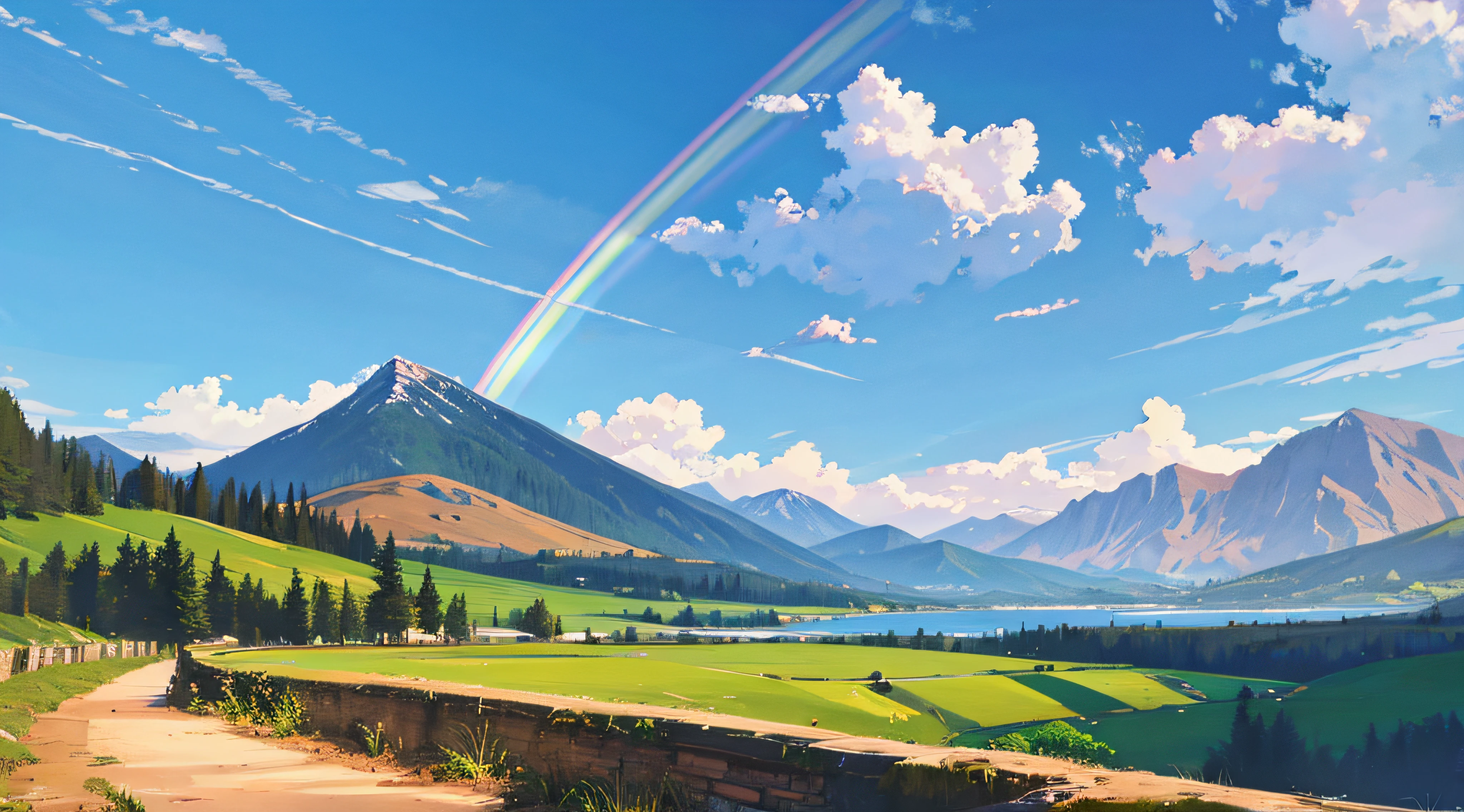 a scenic view of nature, rainbows, mountains, waterfalls, forest, greenery, clouds, blue sky, colorful image, highly detailed, 16K painting, extremely detailed, beautiful composition