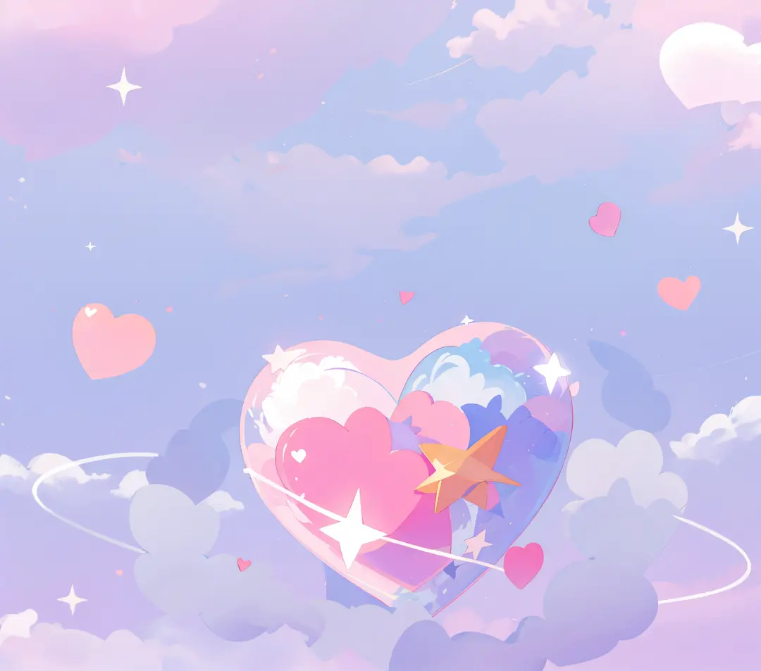 Pink, pink hearts, clouds, love, romantic pink, many hearts in the pink blue sky, background image, no people, four-pointed star
