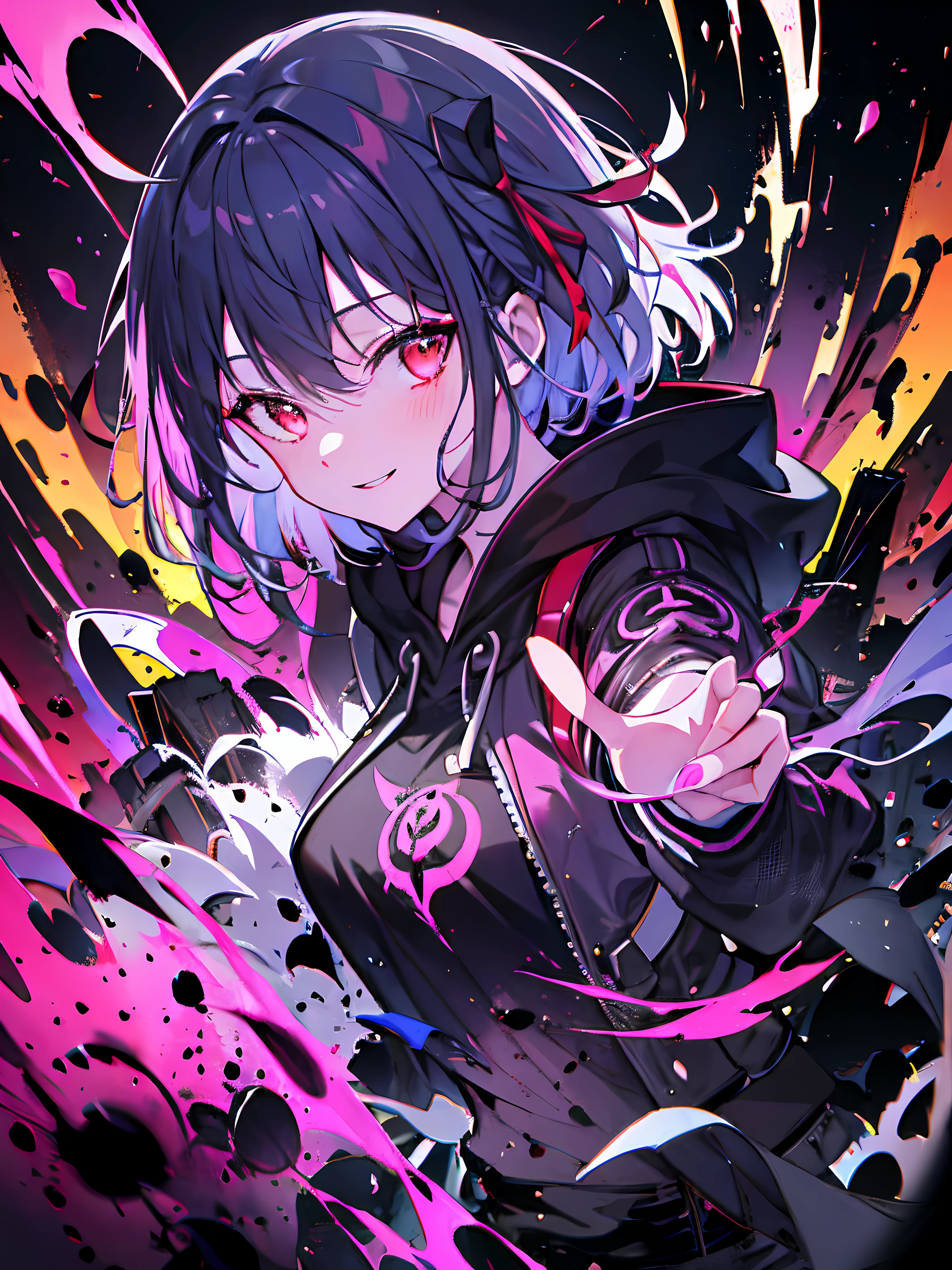 Anime girl with purple hair and black jacket pointing at camera - SeaArt AI