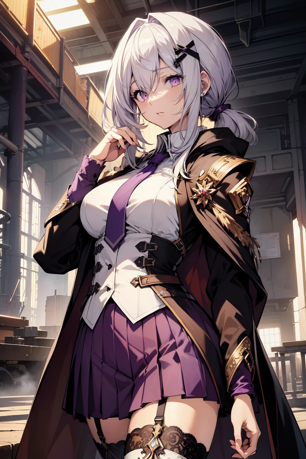 (best quality:1.3), (masterpiece:1.3), (illustration:1.3), (ultra-detailed:1.3), (imid shot:0.9), 1girl, medium breasts, purple eyes, (((white hair))), hair ornaments, tall, mature, long hair, thigh-highs, (low ponytail:1.2), upper body, white suit, necktie, black and purple cloak, long sleeves, skirt