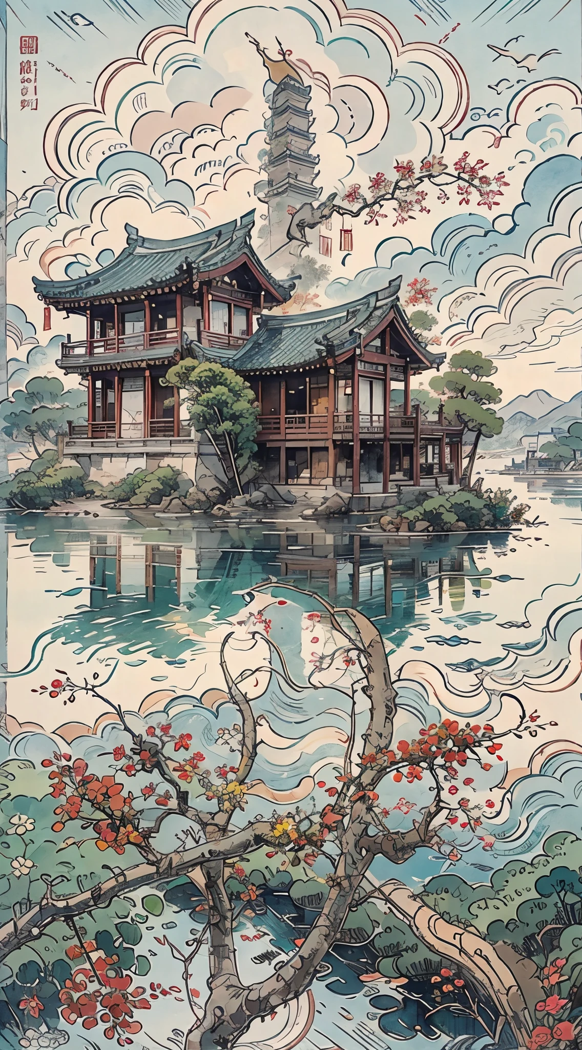 小島上有一座寶塔的山畫, 中國水彩風格, 中國畫風格, 寶塔的數位繪畫, 中國風景, 中國傳統水彩畫, 中國畫, 日本藝術風格, 高細部水彩8K, 高度細緻的水彩 8 k, 詳細繪畫 4 k, 作者：英雄, 日本畫, 作者：Qu Leile