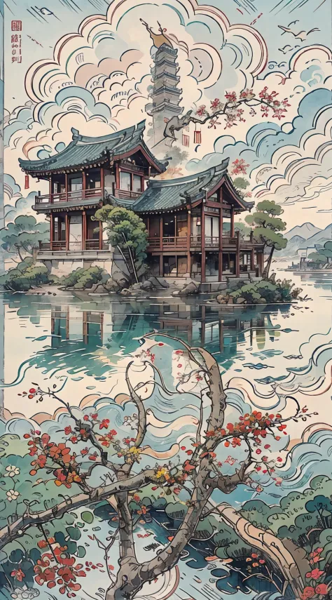 mountain painting with a pagoda on a small island, chinese watercolor style, chinese painting style, digital painting of a pagod...