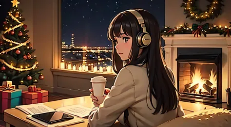 lofi brunette girl with headphones sitting on the floor with a cup of coffee in front of a christmas tree, christmas vibe, night...