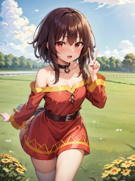 High-quality images、８K image、ighly detailed、grass field, Magician Megumin、adorable work,front-facing view、Megumin、Short_hair, (Red_Eyes),Stand on the lawn、absolute reference to center、A cute girl no matter who looks、show the peace sign to the audience
