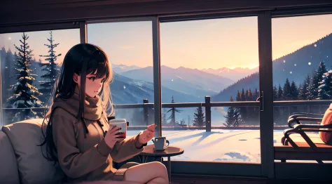 create a lofi themed image, it's snowing outside, cute babe in a sofa, enjoying a cup of hot coffee and the view from the moutai...