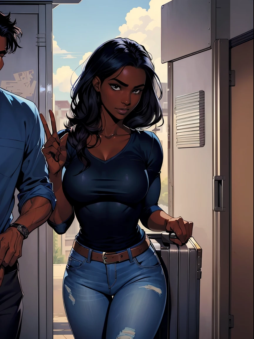 Comic book page of (Dark skin ebony young woman in a casual shirt and blue jeans, perfect wild cloud of long black hair watching a sad attractive man leave her beautiful home,((( one solo sad tall attractive man in a blue shirt leaving with a large suitcase))), clear defined brown eyes, deceptively shy, blushing with a secretive smile, flirtatious, mischievous,, peace sign, saying goodbye