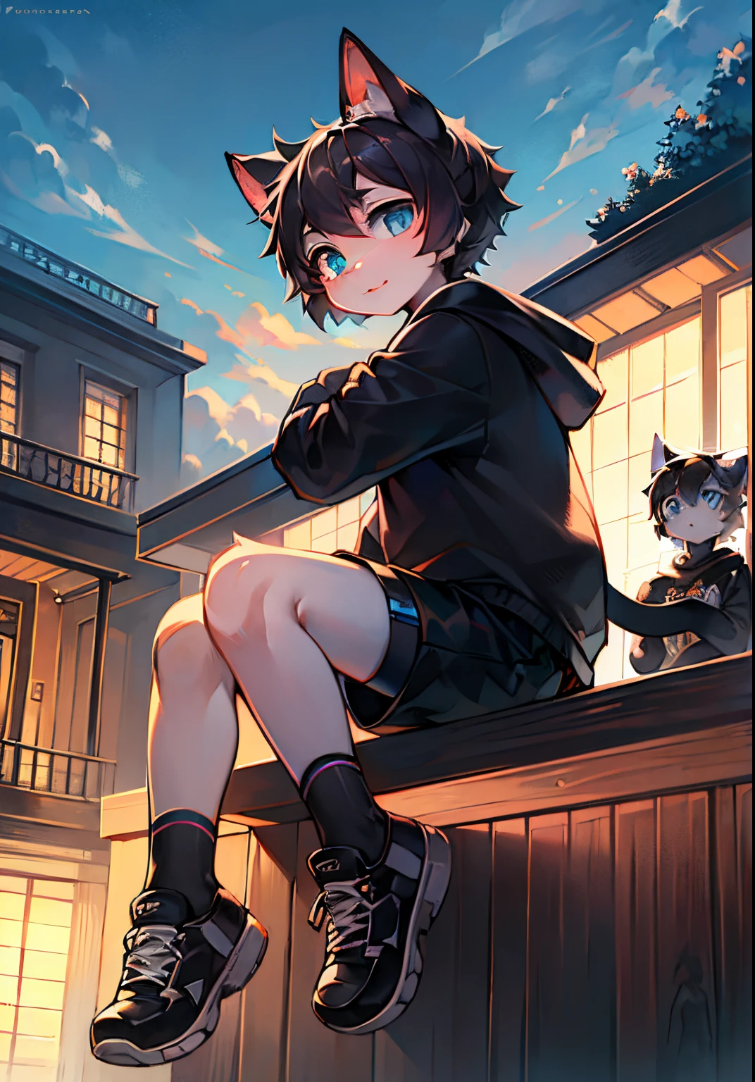 Anime girl sitting on a ledge with her cat on her head - SeaArt AI