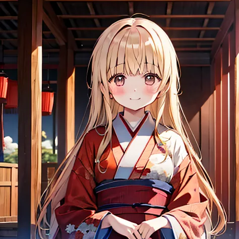 Wavy blonde hair,one girls,独奏,((red blush)),shrines,Red kimono,A smile