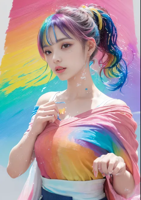 (Pink fashion T-shirt:1.9)、(colourful hair:1.8)、(all the colours of the rainbow:1.8)、((((Vertical Painting:1.6)))、(Painterly:1.6...