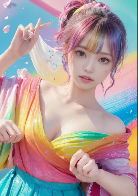 (Pink fashion T-shirt:1.9)、(colourful hair:1.8)、(all the colours of the rainbow:1.8)、((((Vertical Painting:1.6)))、(Painterly:1.6...