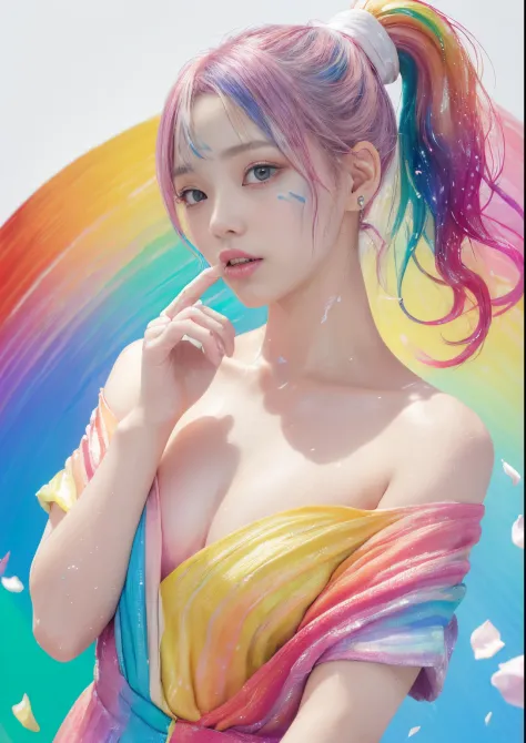 (Pink fashion T-shirt:1.9)、(colourful hair:1.8)、(all the colours of the rainbow:1.8)、((((Vertical Painting:1.6)))、(Painterly:1.6)、frontage、big eye、Sheer eyes、(Iridescent gradient high ponytail:1.7)、Exquisite makeup、Mouth closed、(Small fresh:1.5)、(Wipe Ches...
