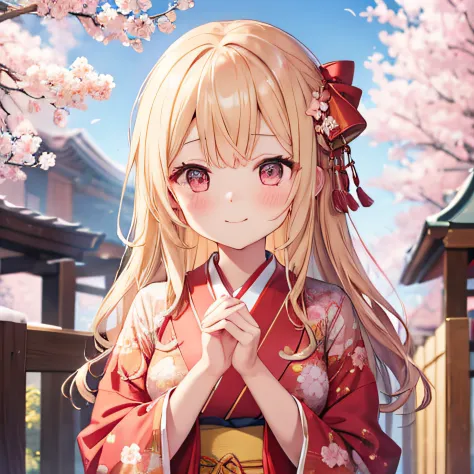 Wavy blonde hair,one girls,独奏,((red blush)),shrines,Cherry blossom kimono,A smile