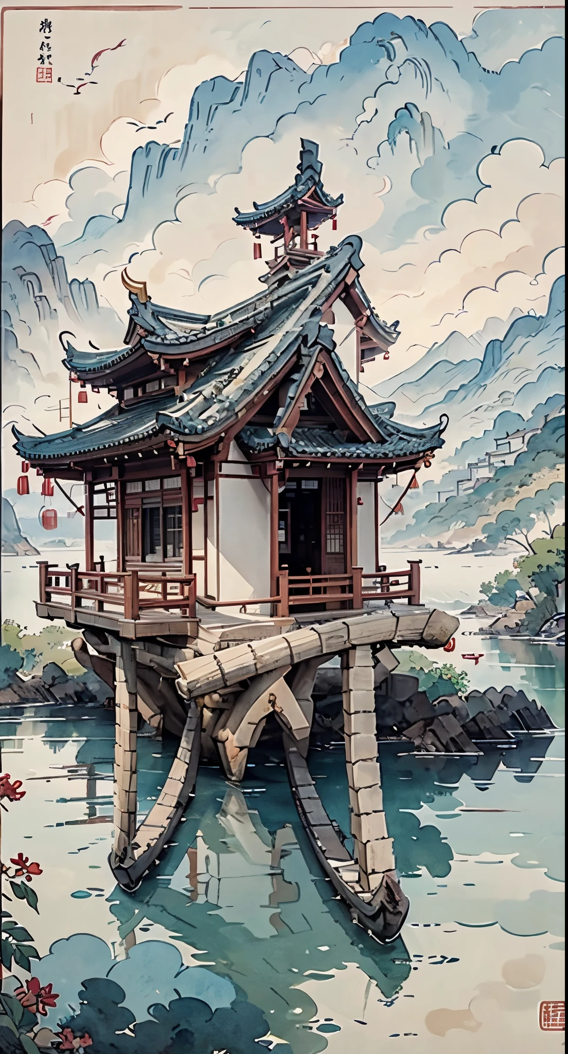 Pintura de montanha com pagode em uma pequena ilha, Estilo aquarela chinês, Estilo de pintura chinesa, pintura digital de um pagode, paisagem chinesa, pintura em aquarela tradicional chinesa, pinturas chinesas, Estilo de arte do Japão, Aquarela de alto detalhe 8K, aquarela altamente detalhada 8 k, pintura detalhada 4k, Autor：Heróis, Pintura japonesa, Autor：Qu Leile，claro e escuro