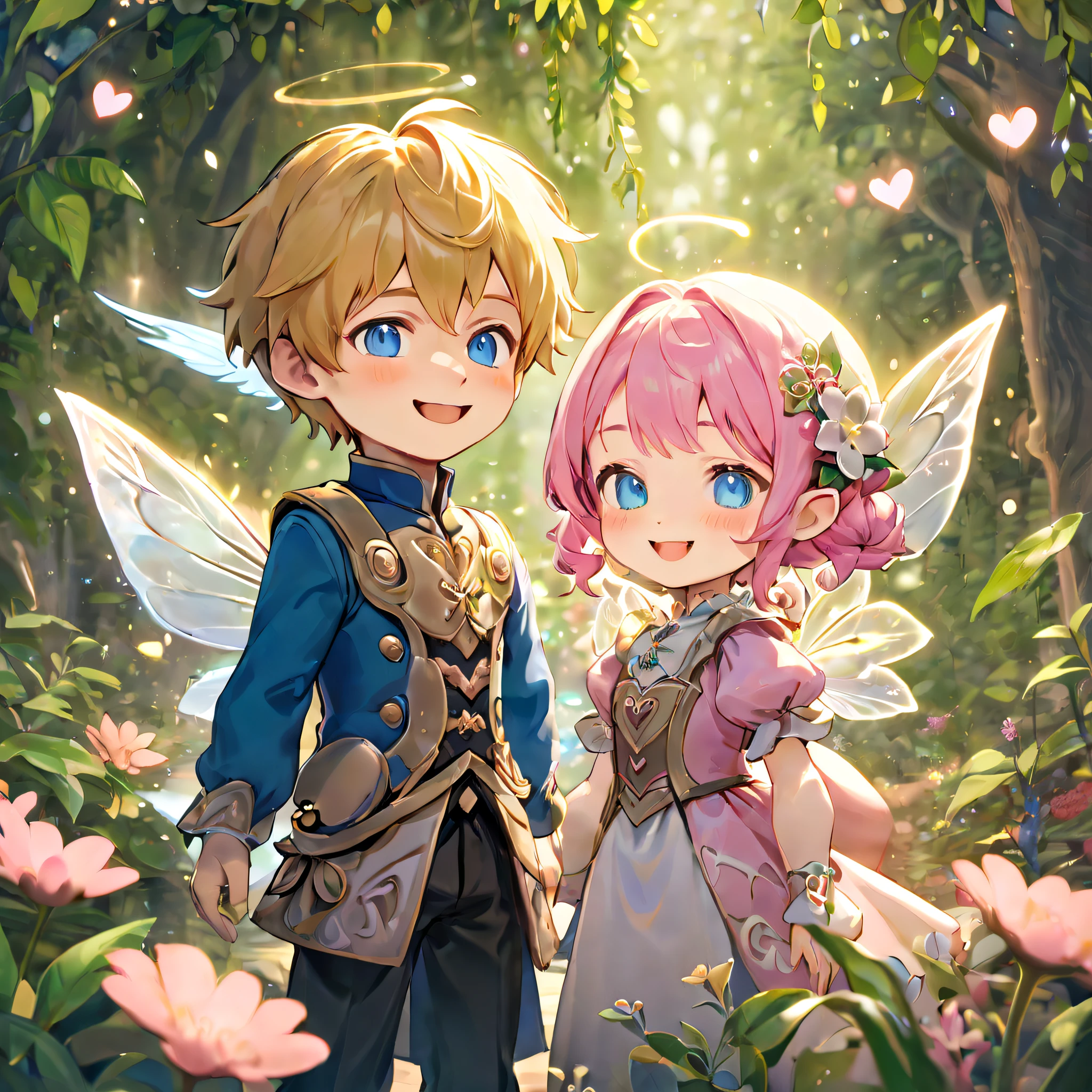 Der Junge von Lalafell hat goldenes Haar, blaue Augen, und trägt elegante edle Kleidung. Das Lalafell-Mädchen hat rosa Haare, blaue Augen, und kleidet sich in ein passendes edles Outfit. Beide lächeln und sind geschmückt mit zarten, ätherische Feenflügel, Halbtotale,Kamerawinkel: Augenhöhe, Hintergrund: Die üppigen Gärten des Brimming Heart in Gridania, gefüllt mit leuchtenden Blumen und magischen Lichtern, beste Qualität, Meisterwerk, ultra-detailliert, 8k, Tiefenschärfe, Filmkomposition, leicht weich, natürliche Beleuchtung mit einem Hauch von Fantasieglanz