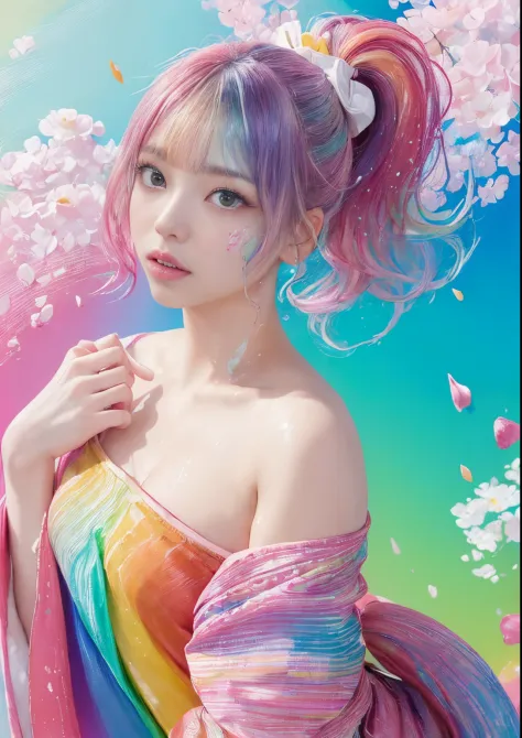 (Pink fashion T-shirt:1.9)、(colourful hair:1.8)、(all the colours of the rainbow:1.8)、((((Vertical Painting:1.6)))、(Painterly:1.6)、frontage、big eye、Sheer eyes、(Iridescent gradient high ponytail:1.7)、Exquisite makeup、Mouth closed、(Small fresh:1.5)、(Wipe Ches...