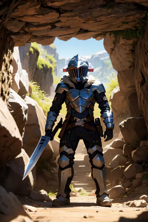 Goblin slayer from goblin slayer anime standing still in a cave with a short sword