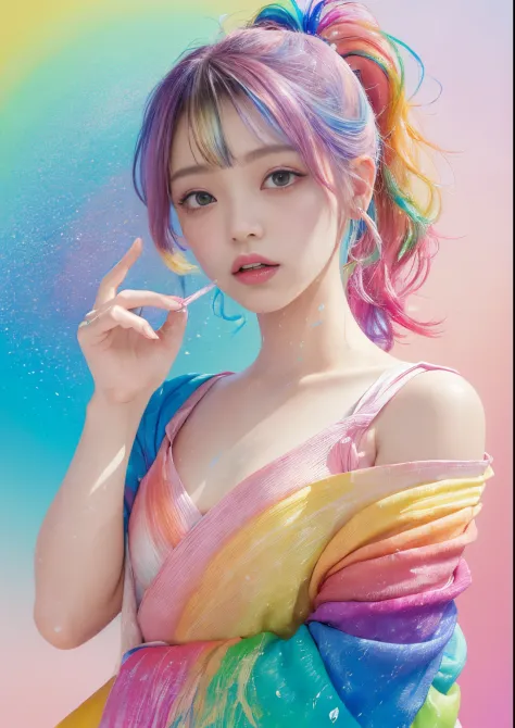 (Pink fashion T-shirt:1.9)、pastels、(colourful hair:1.8)、(all the colours of the rainbow:1.8)、((((Vertical Painting:1.6)))、(Paint...