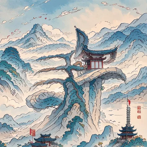 mountain painting with a pagoda on a small island, chinese watercolor style, chinese painting style, digital painting of a pagod...