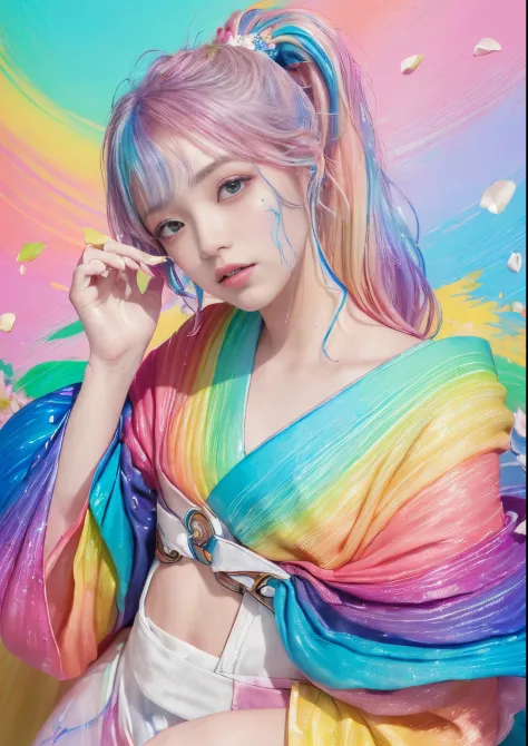 (Pink fashion T-shirt:1.9)、pastels、(colourful hair:1.8)、(all the colours of the rainbow:1.8)、((((Vertical Painting:1.6)))、(Paint...