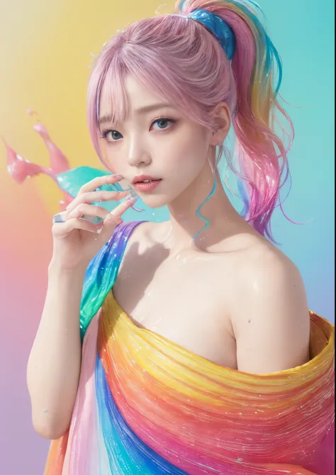 (Pink fashion T-shirt:1.9)、pastels、(colourful hair:1.8)、(all the colours of the rainbow:1.8)、((((Vertical Painting:1.6)))、(Paint...