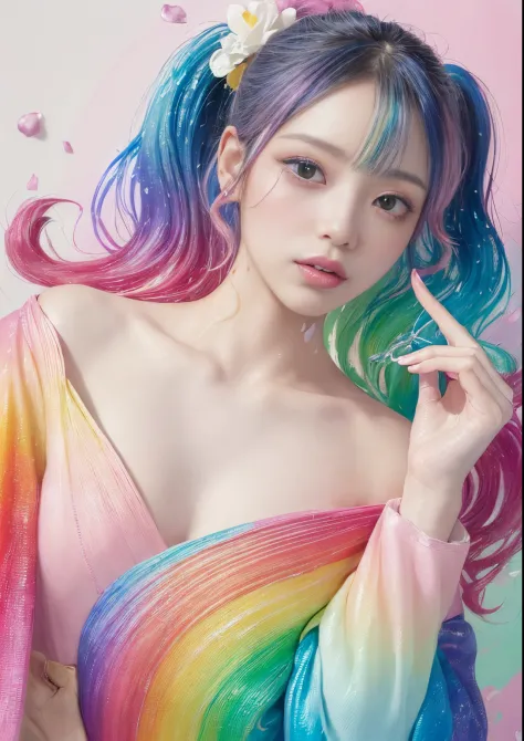 (Pink fashion T-shirt:1.9)、pastels、(colourful hair:1.8)、(all the colours of the rainbow:1.8)、((((Vertical Painting:1.6)))、(Paint...