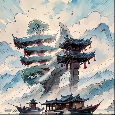 mountain painting with a pagoda on a small island, chinese watercolor style, chinese painting style, digital painting of a pagod...