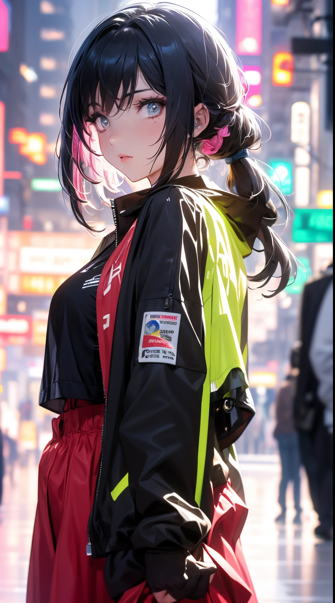 glowing eyes, colourful glowing hair, wearing sci-fi jacket, anime style, high detail, Futurism, glowing light, UHD, retina, masterpiece, ccurate, anatomically correct, textured skin, super detail, high details, high quality, award winning, best quality, highres