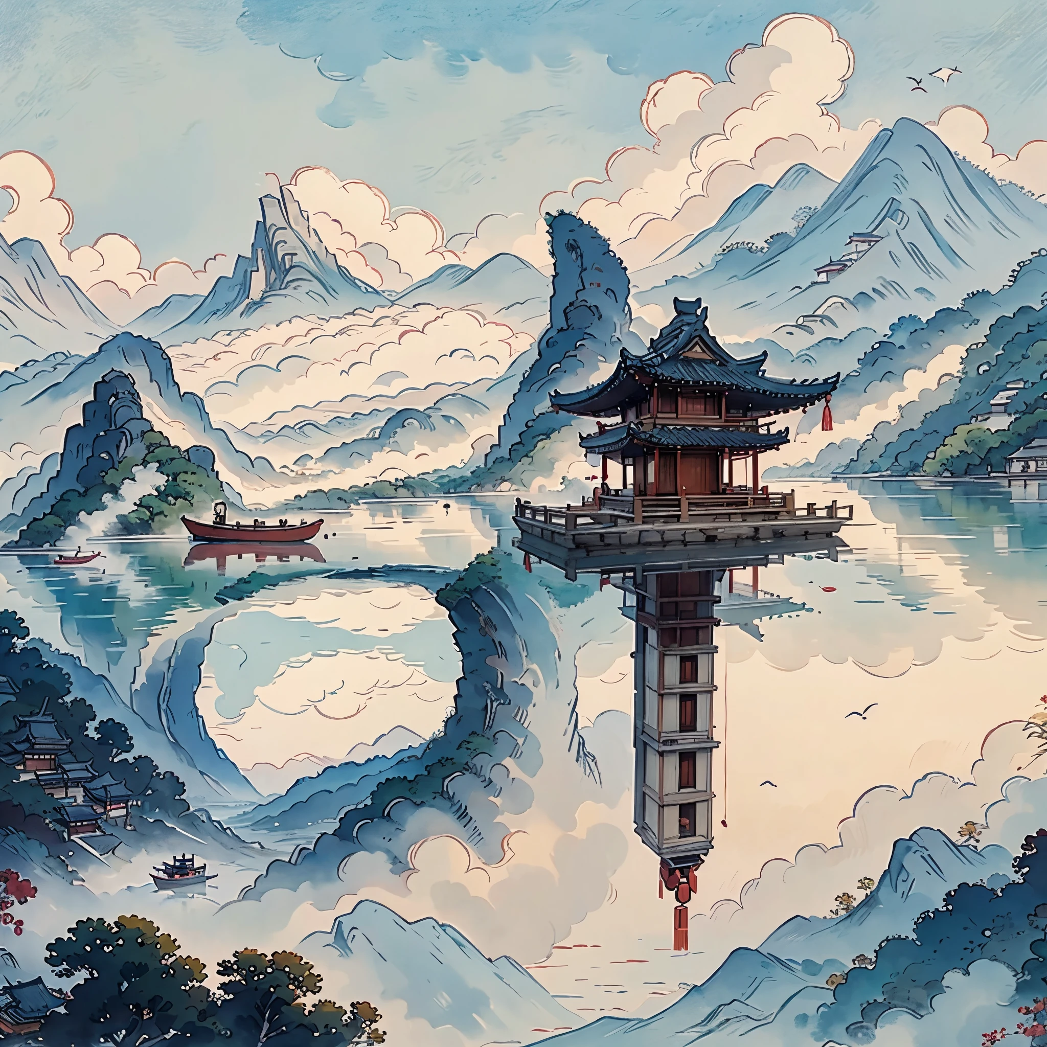 Mountain painting with a pagoda on a small island, chinese watercolor style, chinese painting style, digital painting of a pagoda, Chinese landscape, traditional Chinese watercolor painting, chinese paintings, Japan Art Style, High detail watercolor 8K, highly detailed water colour 8 k, detailed painting 4 k, author：heroes, japanese painting, author：Qu Leile，light and shadows