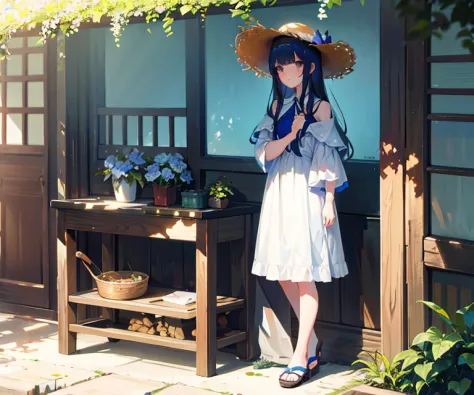 a cohesive backstory, 1girl, dress, hat, 独奏, flower, exteriors, standing, sandals, bangs, plant, store, (dappled sunlight:1.5), ...