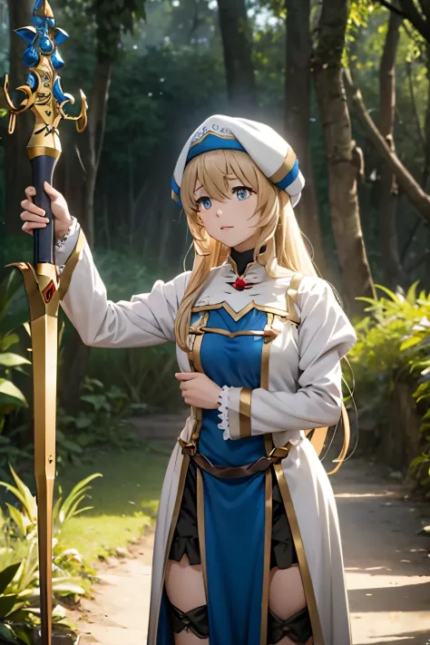 Priestess from goblin slayer show standing still with a sword in jungle
