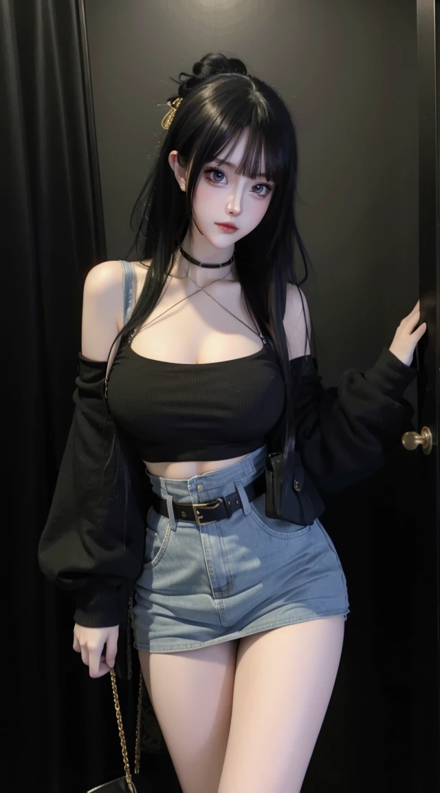 8K, hyper realisitc, tmasterpiece, Best quality at best, ultra - detailed, A high resolution, Random background, 1个Giant Breast Girl, (:1.5), Willow waist, Wide hips, knees, the night , 's, choker necklace