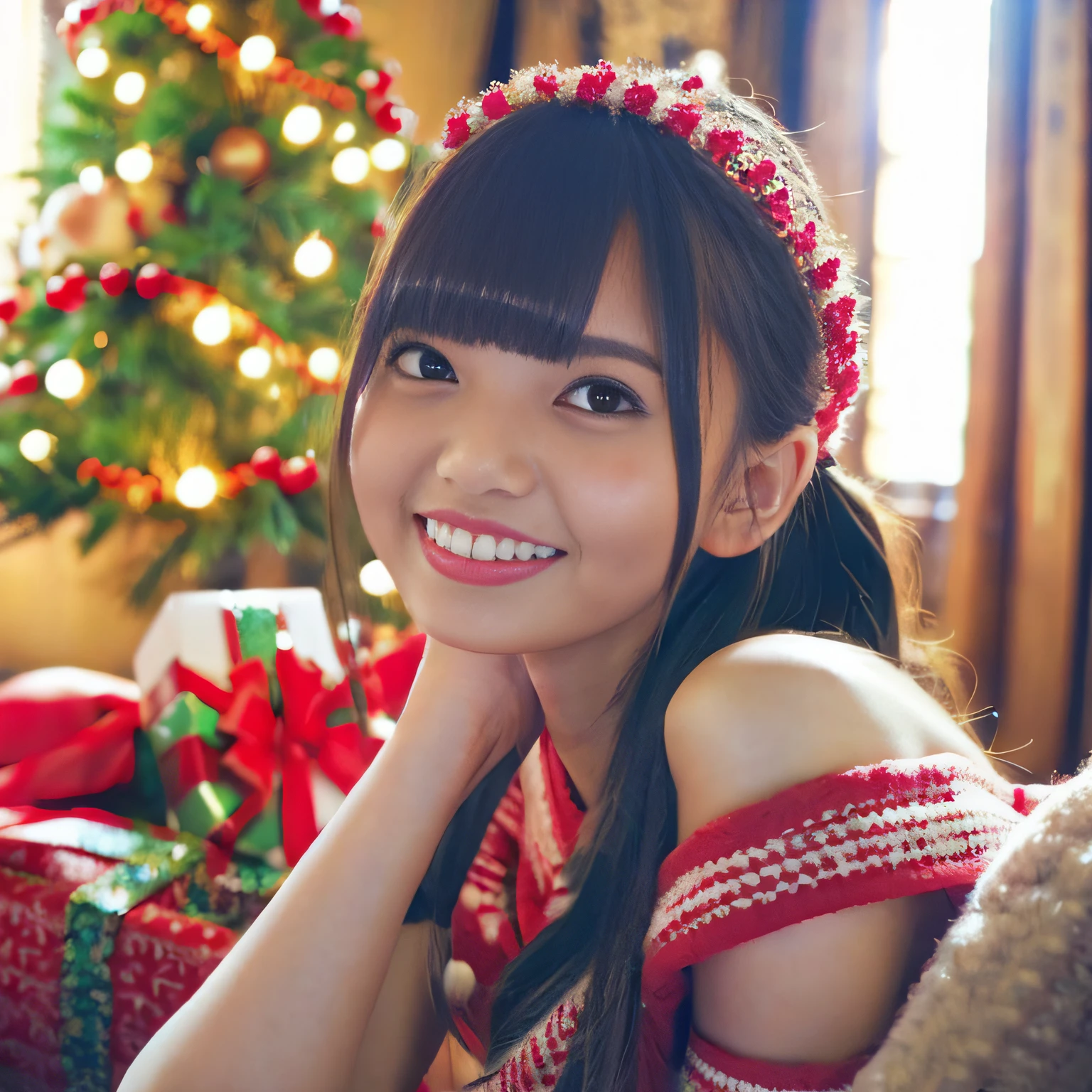 Off-shoulder、Santa Cosplay、beautiful ilumination、Home、Sitting on the couch、Christmas tree、Smiling lightly、hight resolution、Best Quality、Cute、blocky、a baby face、childish、Looking at the camera、cosy atmosphere,Warm fireplace,