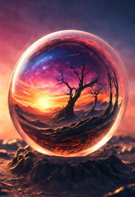 a magnificent sunset on a strange and mysterious alien glass sphere style planete. it's very textured and detailed with dreaming...