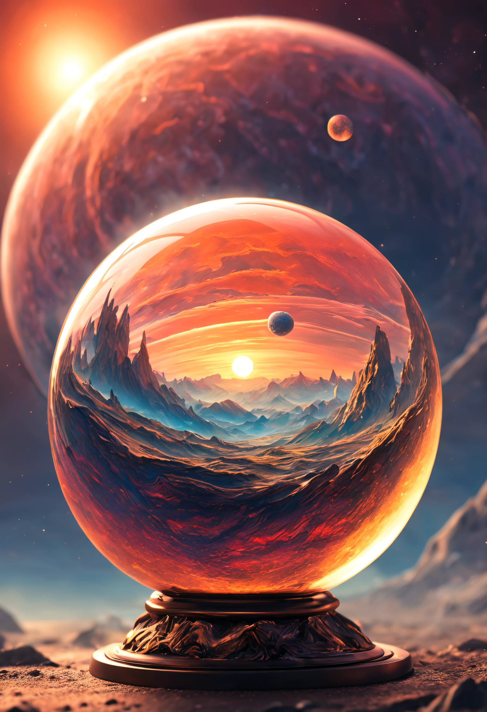 a magnificent sunset on a strange and mysterious alien glass sphere style planete. It's very textured and detailed with dreaming lot of whirlwind and dreaming dust