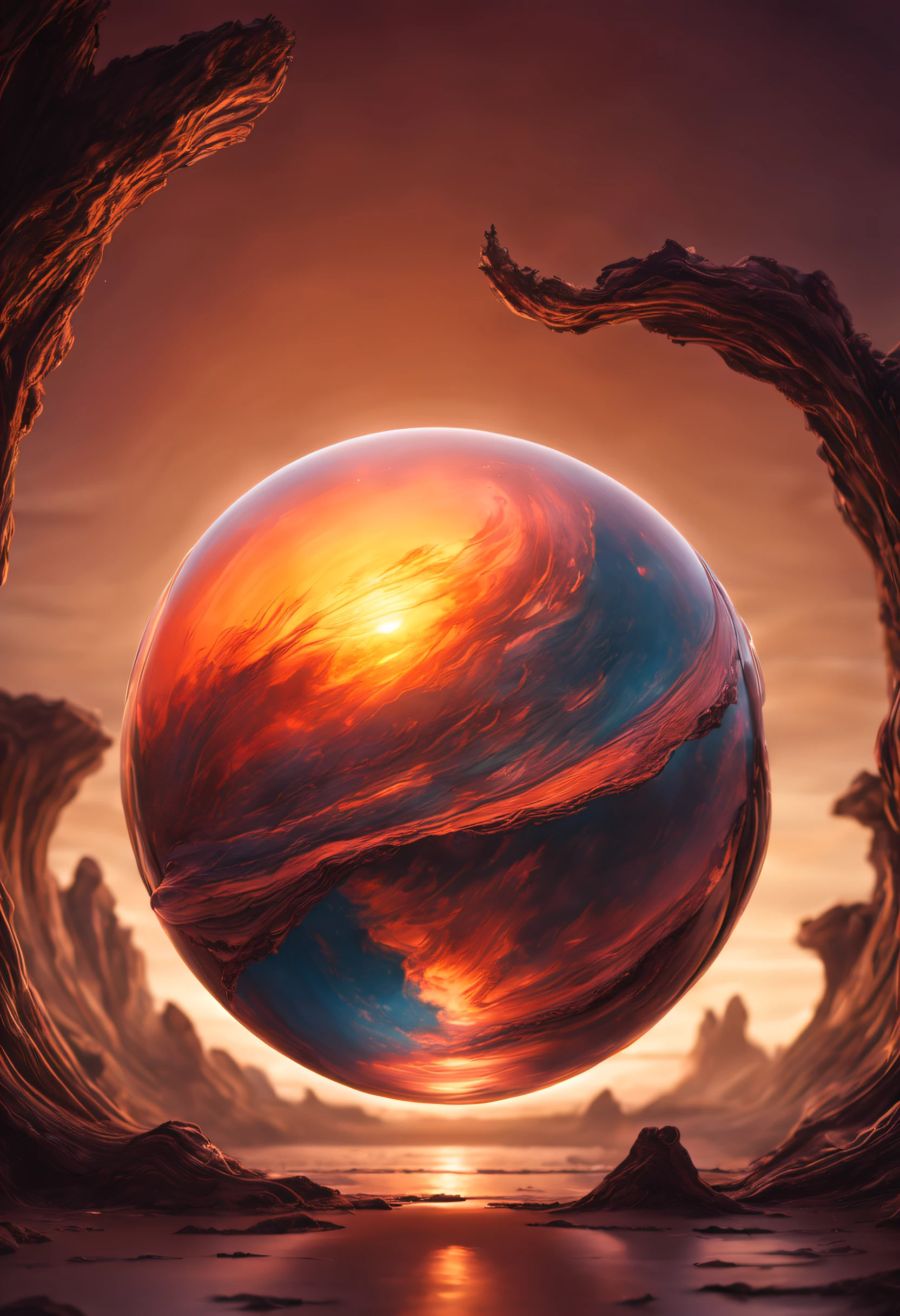 a magnificent sunset on a strange and mysterious alien glass sphere style planete. It's very textured and detailed with dreaming lot of whirlwind and dreaming dust