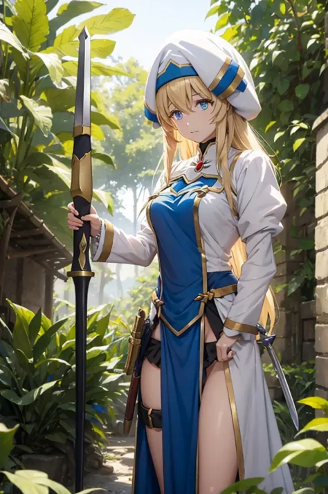 Priestess from goblin slayer show standing still with a sword in jungle
