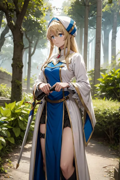 priestess from goblin slayer show standing still with a sword in jungle