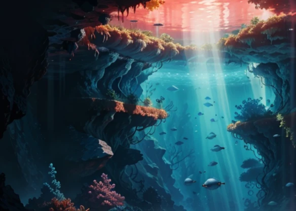 An very deep underwater world teeming with  vibrant coral reefs and with seldom fishes. Bottomless sea, valley between huge reefs, Sunlight pierces through the water, illuminating the huge depths with a mesmerizing play of blue-tinted pastel colors.