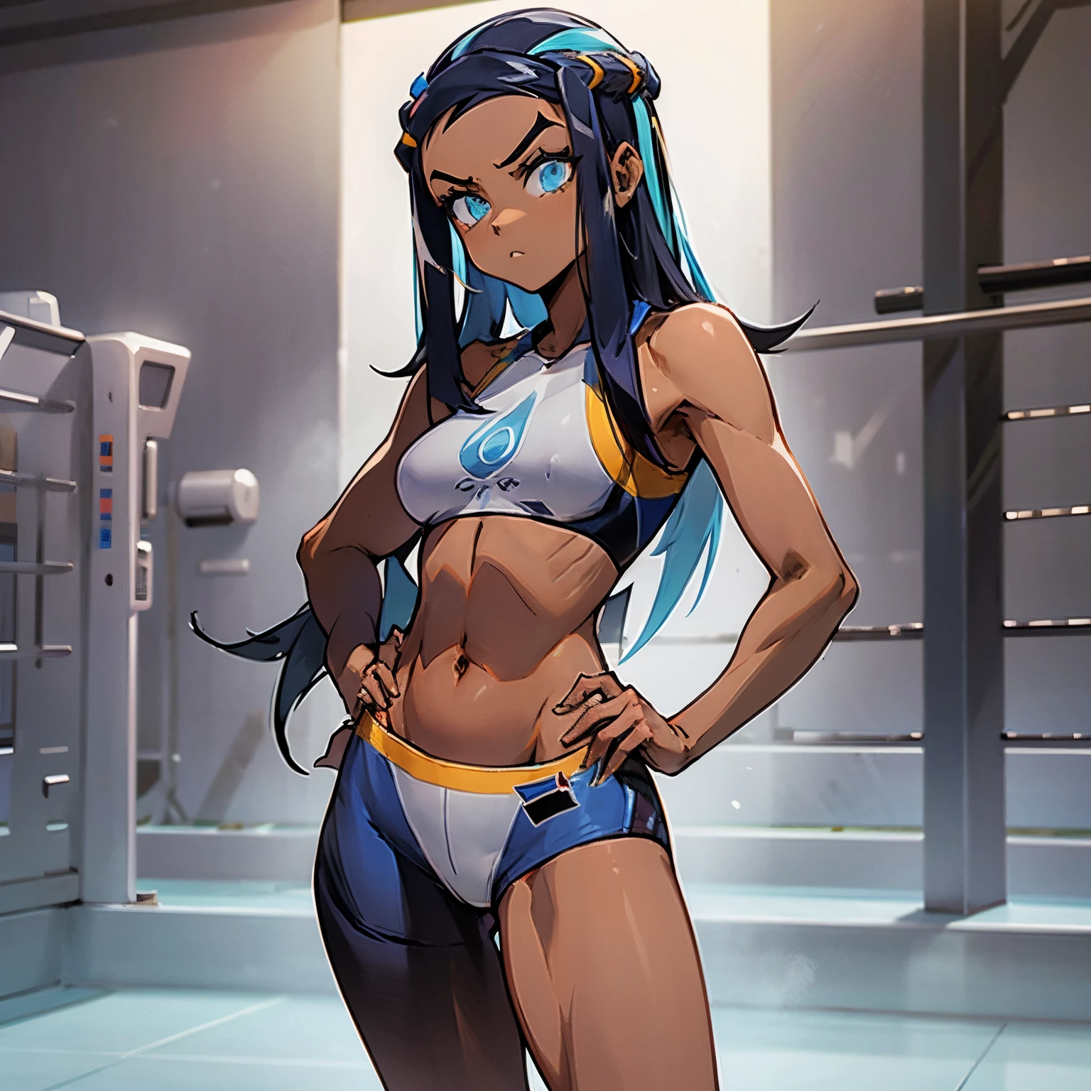 masterpiece, best quality, perfect anatomy, Nessa, same pose, Nessa outfit, serious look, brighter scene, in gym, morning, small breast, tanned skin