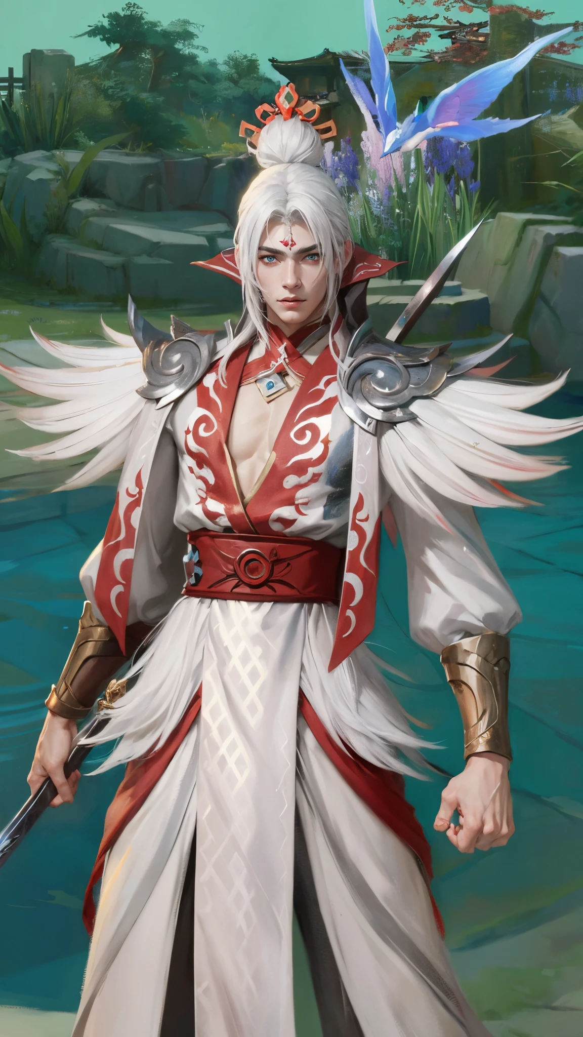 (Masterpiece:1.4), (best quality:1.2), enduring sword talon, 1boy, male focus, white hair, long hair, japanese clothes, hair ornament