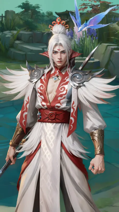 (masterpiece:1.4), (best quality:1.2), enduring sword talon, 1boy, male focus, white hair, long hair, japanese clothes, hair orn...