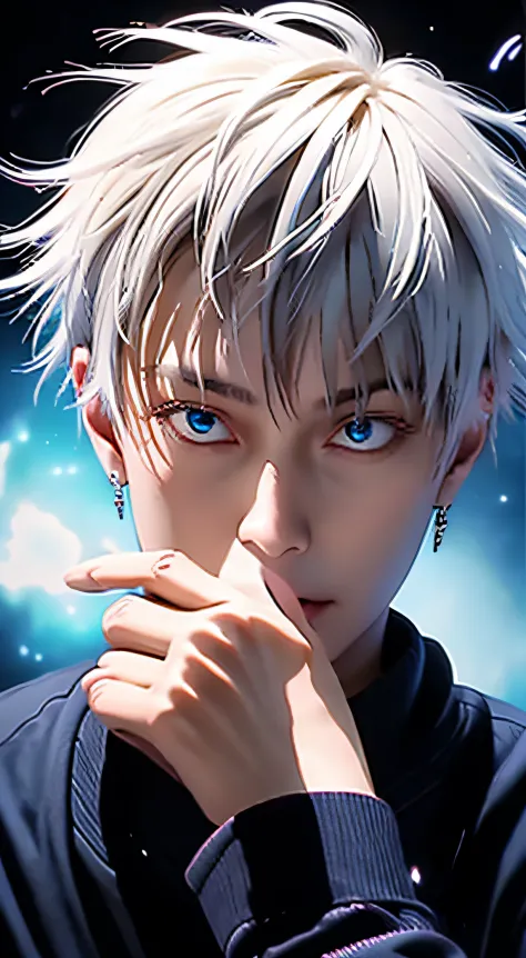 realisitic、cross your right index and middle fingers、white  hair、blue eyes、black space background