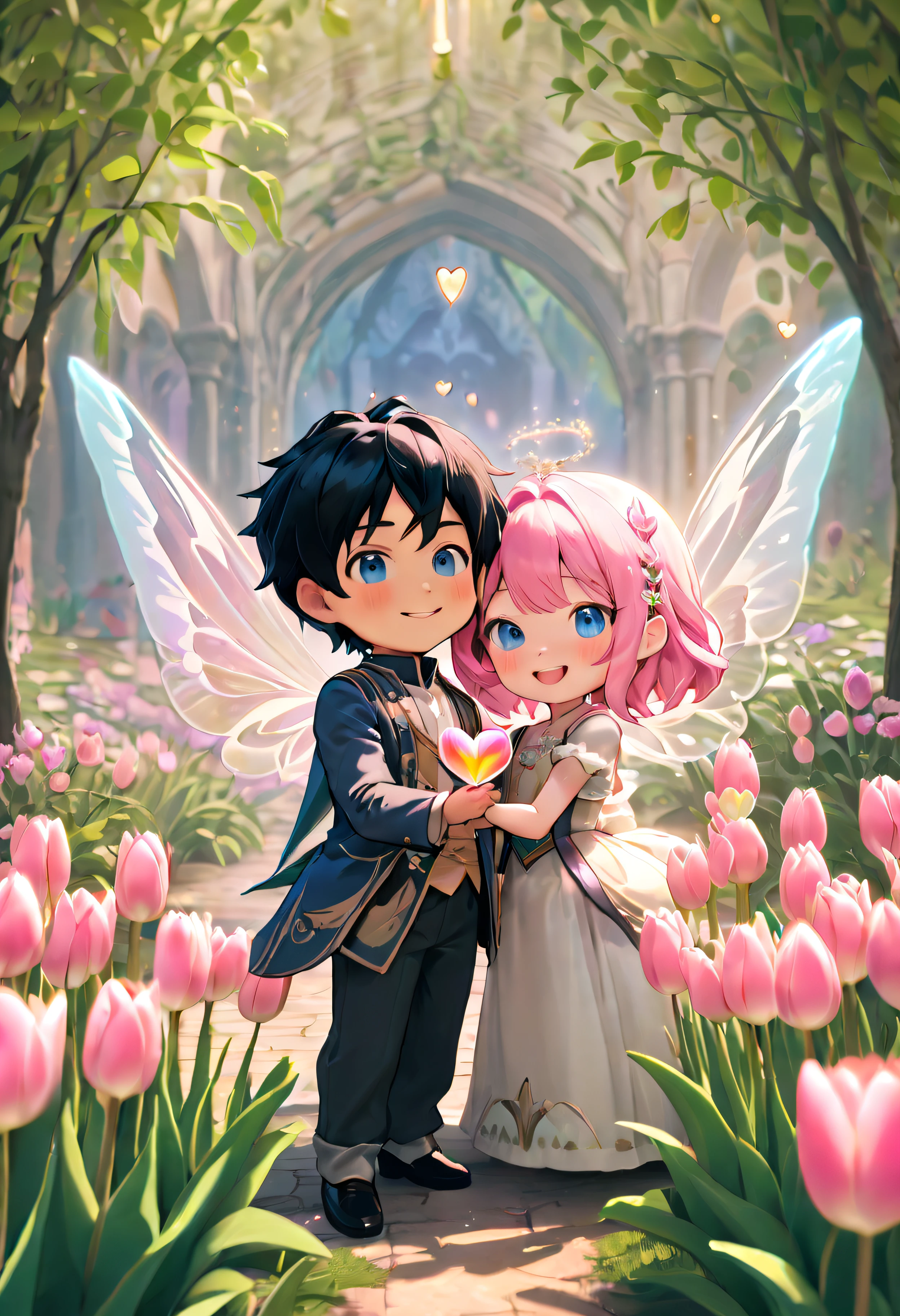 Lalafell boy has black hair, blue eyes, and wears elegant noble clothing. The Lalafell girl has pink hair, blue eyes, and dons a matching noble outfit. Both are Smiling and adorned with delicate, ethereal fairy wings, Mid-shot,Camera Angle: Eye-Level, Background: The lush gardens of the Brimming Heart in Gridania, filled with vibrant flowers and magical lights, best quality, masterpiece, ultra-detailed, 8k, depth of field, cinematic composition, light Soft, natural lighting with a touch of fantasy glow, boy give pink tulips to girl.