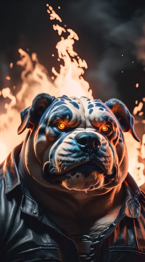 (best quality,16k,32k,Altas,master part:1.2),ultra-detalhado,(Realistic,fotorrealista,photo-realistic:1.37),(Ultimate Orochi Alapaha Blue Blood Bulldog) bright golden eyes realistic fire background of totally destroyed house alone looking at camera serious expression.