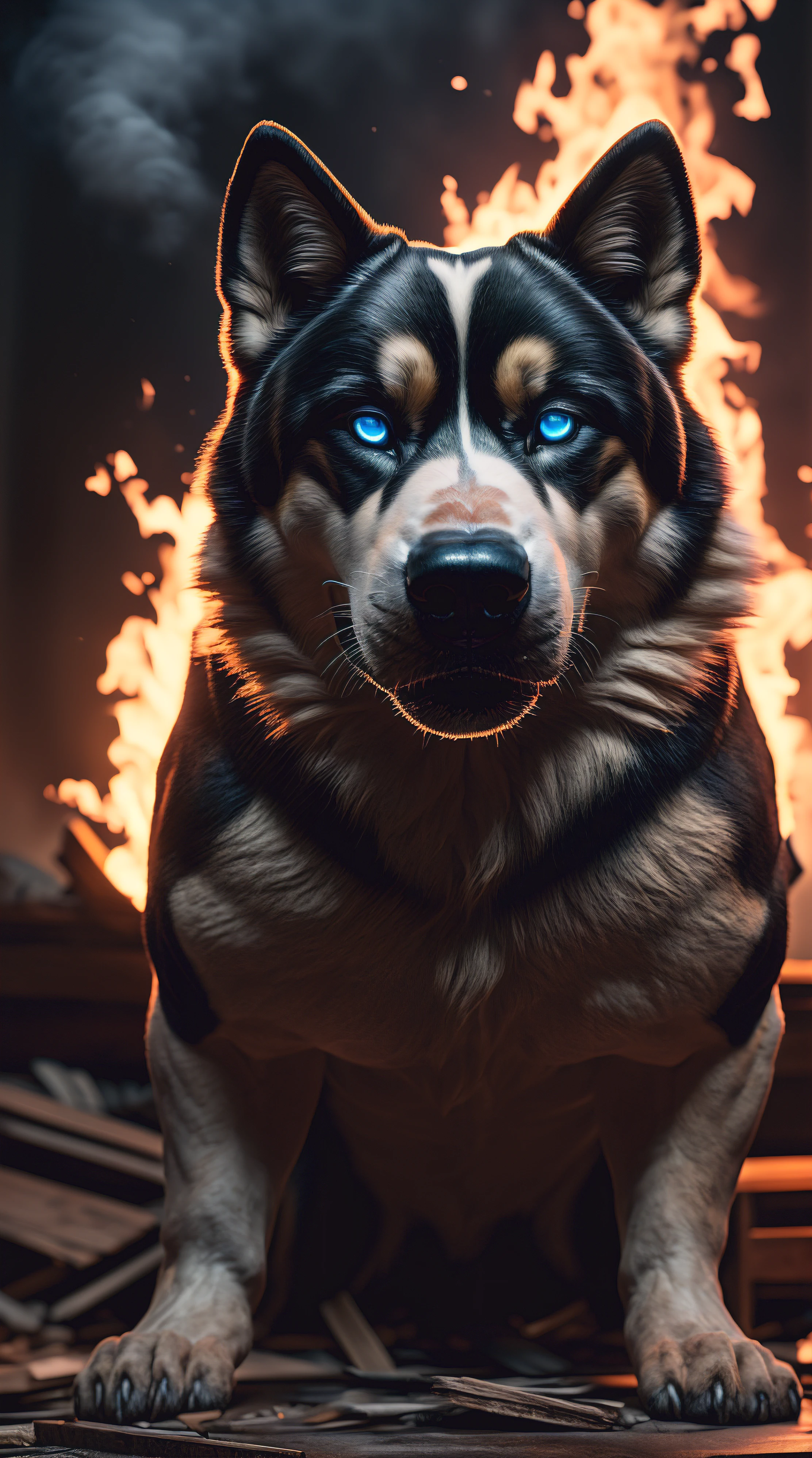 (best quality,16k,32k,Altas,master part:1.2),ultra-detalhado,(Realistic,fotorrealista,photo-realistic:1.37),(final Orochi Akita Americano) bright blue eyes realistic fire background of totally destroyed house alone looking at camera serious expression.