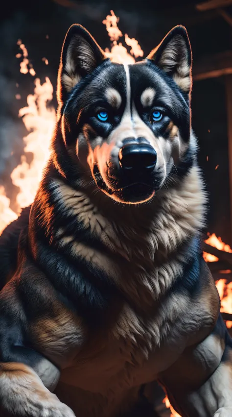(best quality,16k,32k,Altas,master part:1.2),ultra-detalhado,(Realistic,fotorrealista,photo-realistic:1.37),(final Orochi Akita Americano) bright blue eyes realistic fire background of totally destroyed house alone looking at camera serious expression.