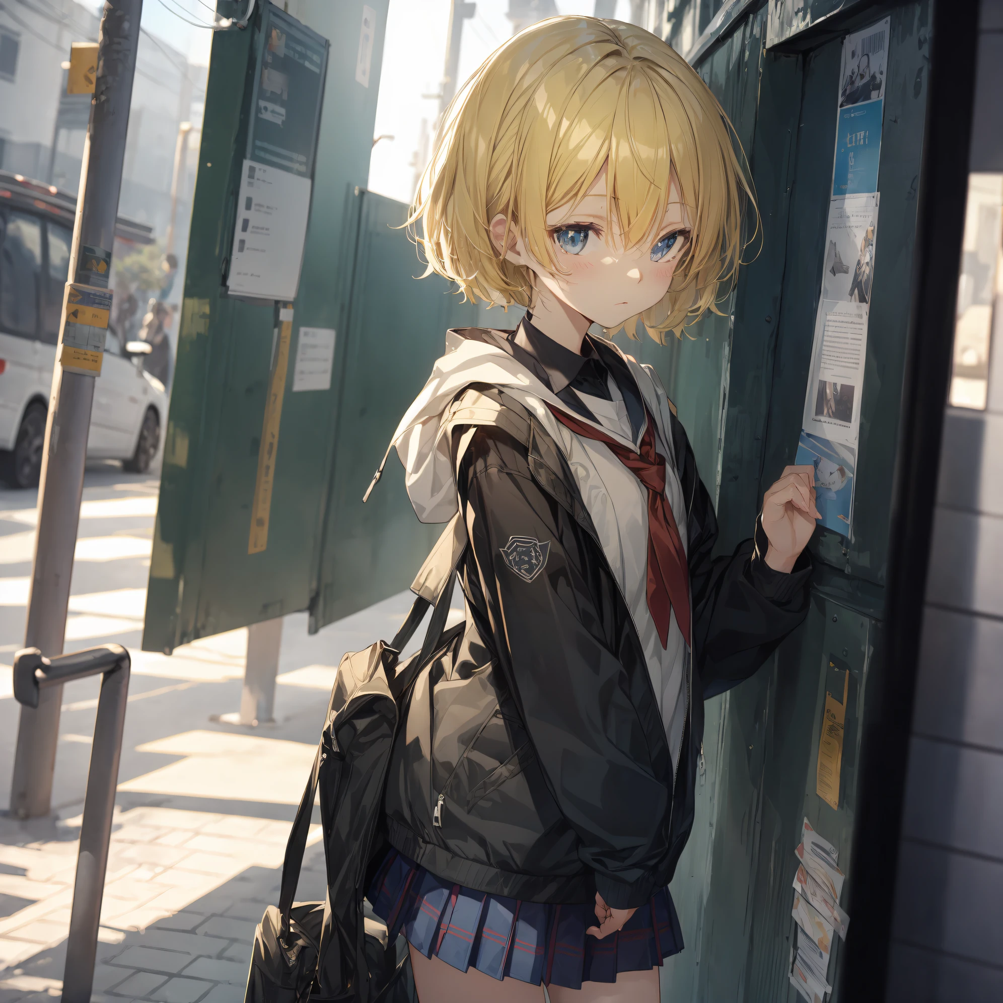 Top quality by creator God, Ultra-detailed, anime moe art style,Best Anime 8K Konachan Wallpapers,Pixiv Contest Winner,Perfect Anatomy, BREAK,(Draw a girl sleepily walking to school. ),BREAK, 1girl in, (Solo,,,13years:1.3),a junior high school student, Androgynous attraction, (Very short hair), hair messy, Full limbs, complete fingers, flat chest, Small butt, groin, Small eyes,Beautiful detailed black eyes, Well-proportioned iris and pupils, disgusted eye,  , Skirt,On the way to school. BREAK,High resolution,super detailed skin, The best lighting by professional artists, 8K, Illustration,