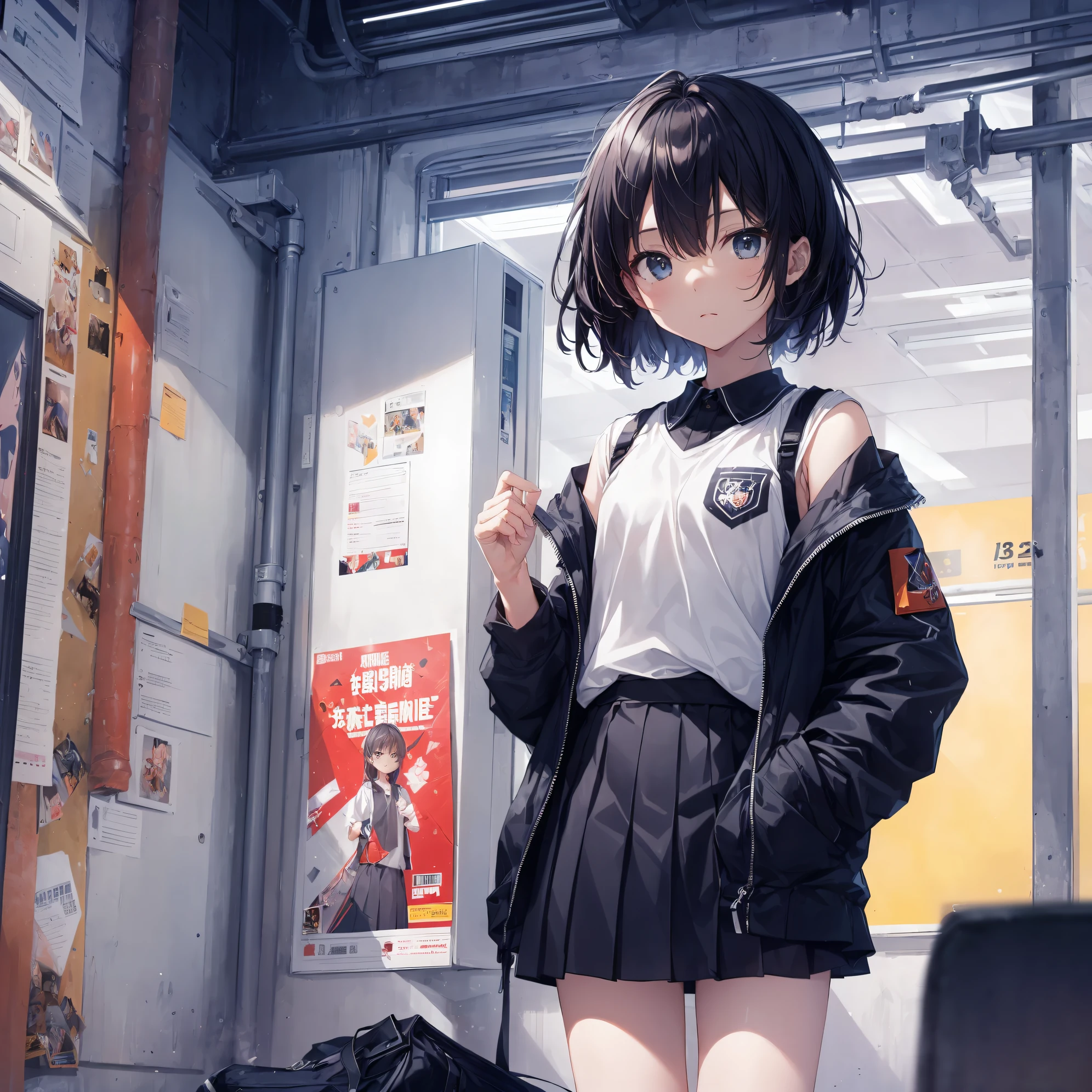 ((Top quality by Art God, Ultra-detailed, High resolution,super detailed skin,anime moe art style,Best Anime 8K Konachan Wallpapers,Pixiv Contest Winner,Perfect Anatomy)),BREAK, (Draw a girl sleepily walking to school. ),BREAK, 1girl is a cool beautiful girl, (Solo,,,13years:1.3),a junior high school student, Androgynous attraction, (Center part very short hair),hair messy, Forehead, Full limbs, complete fingers,flat chest, Small butt, groin, Small eyes,Beautiful detailed black eyes,Well-proportioned iris and pupils,disgusted eye, , Skirt,On the way to school. BREAK, Best lighting by famous artists, 8K, Illustration,