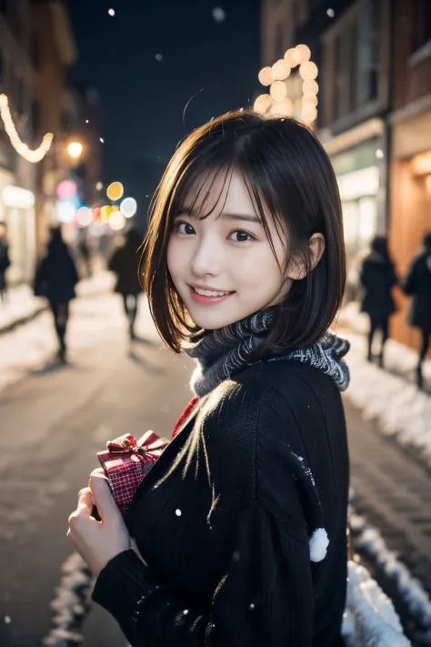 (one girl、she has a gift box in her hand、she has a shy smile and her hair is blowing in the wind.。 :1.3)、(snowy winter night str...