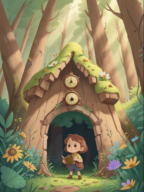 Little girl stands at a mysterious entrance filled with wild flowers and tall trees，Curious expression，Holding a treasure map an...
